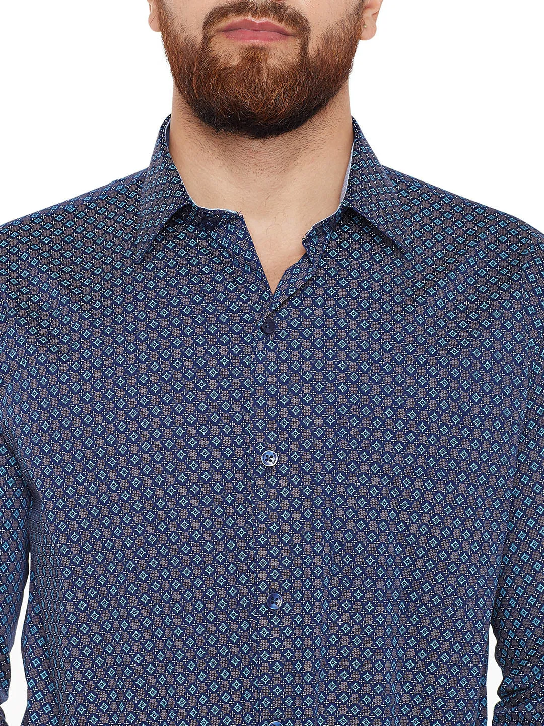 Men Navy Printed Pure Cotton Slim Fir Formal Shirt
