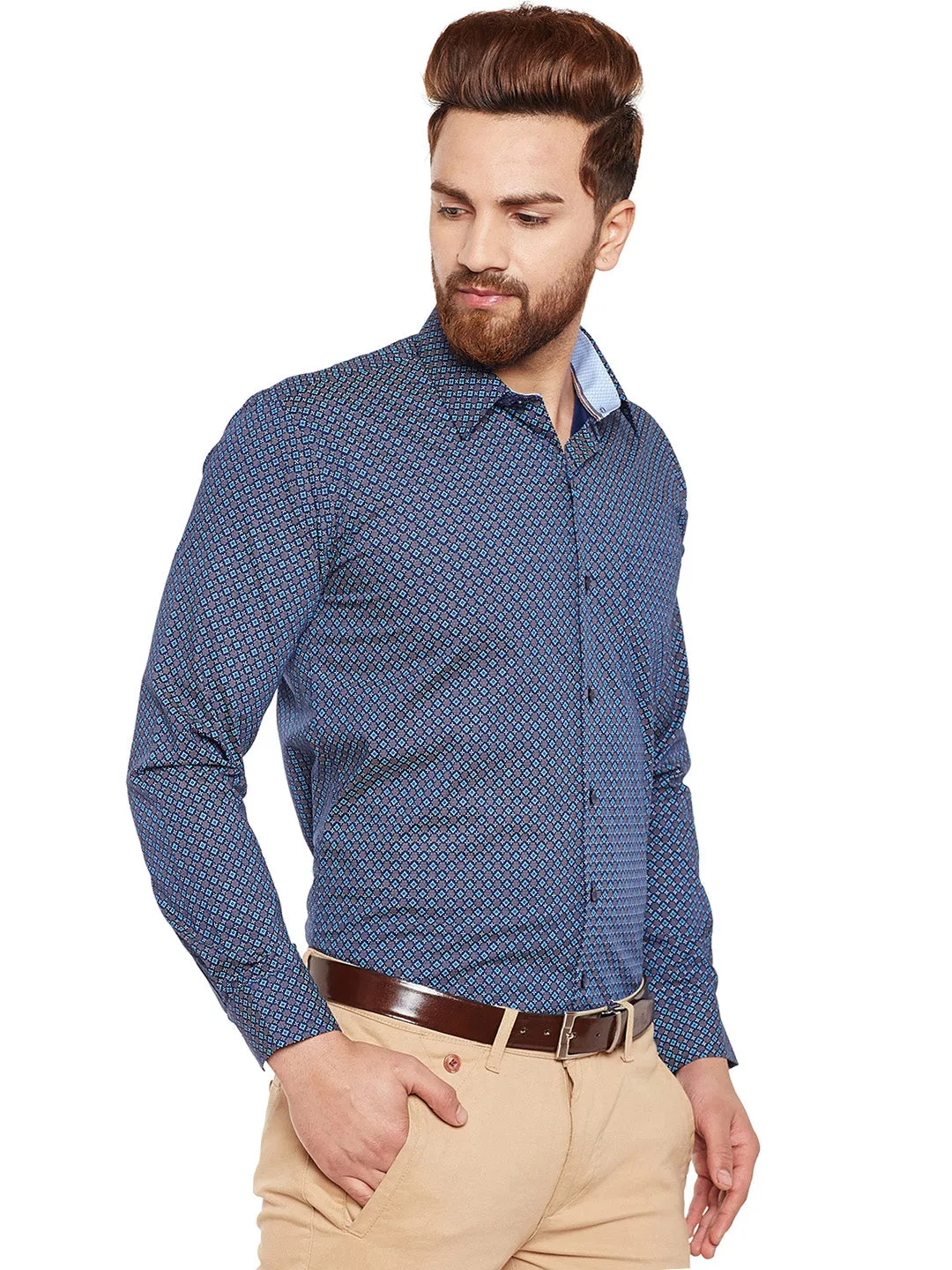 Men Navy Printed Pure Cotton Slim Fir Formal Shirt