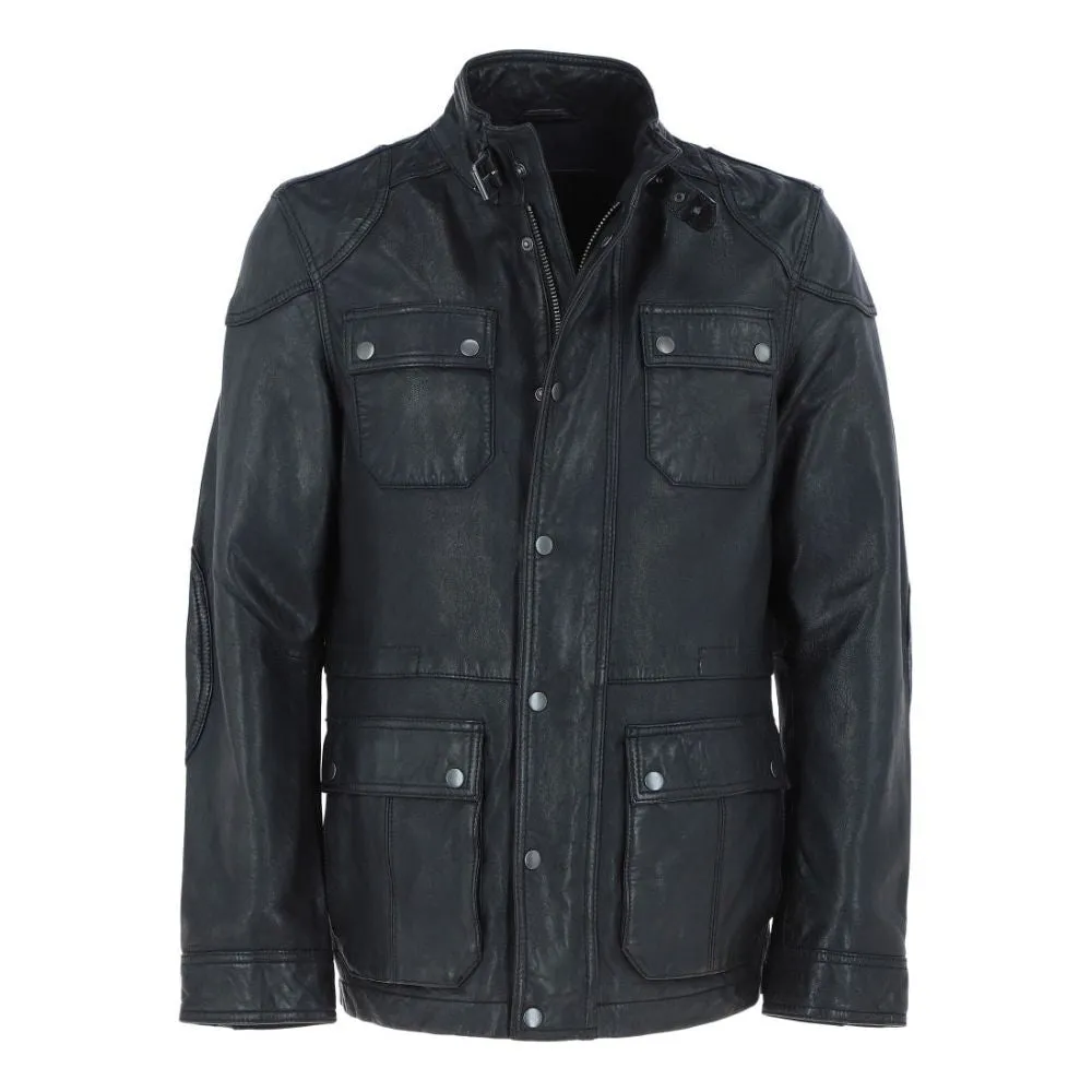 Men’s Black Military-Inspired Leather Field Jacket