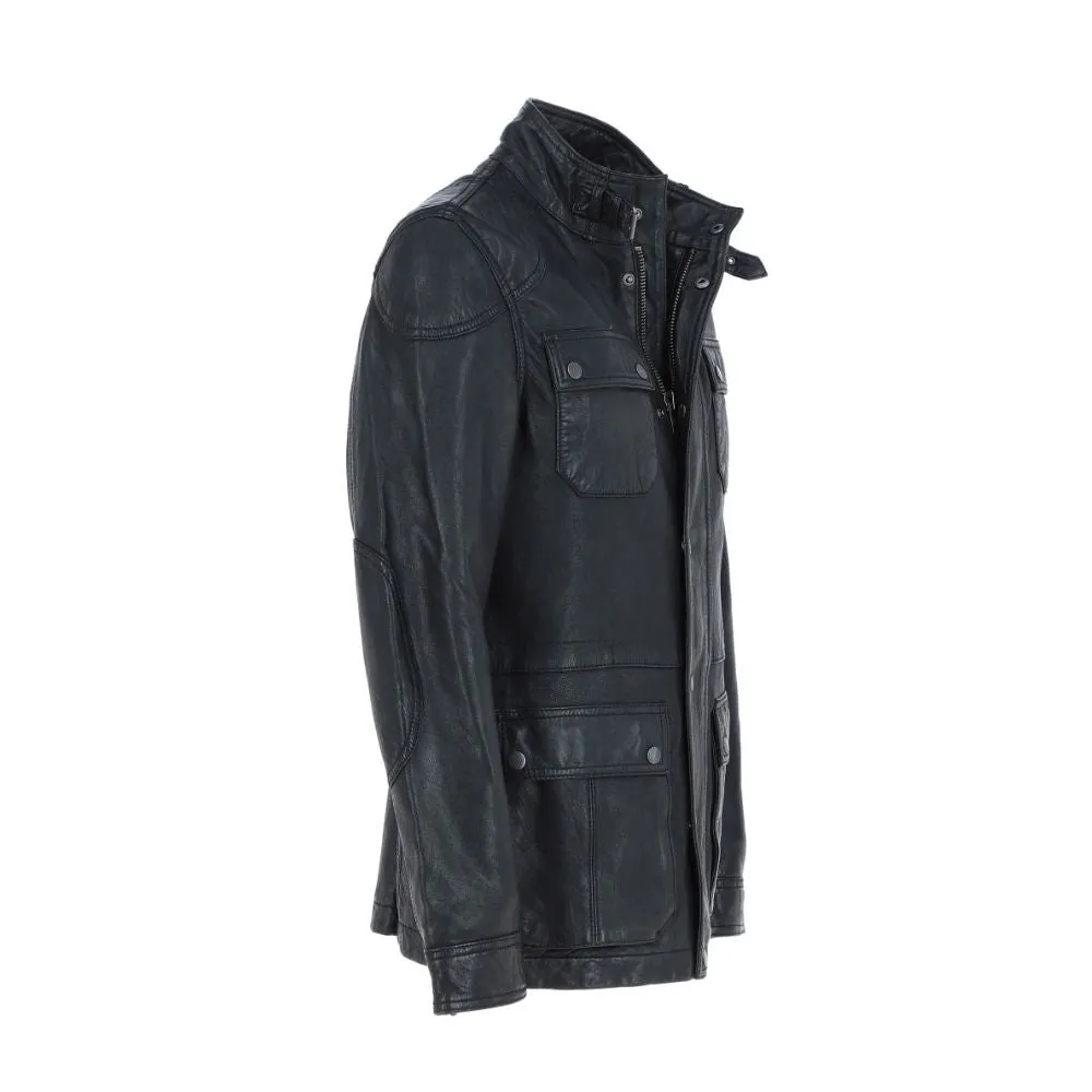 Men’s Black Military-Inspired Leather Field Jacket