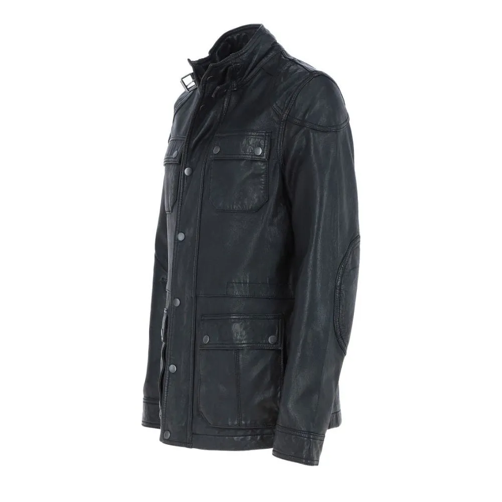 Men’s Black Military-Inspired Leather Field Jacket