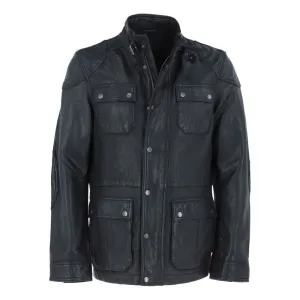 Men’s Black Military-Inspired Leather Field Jacket