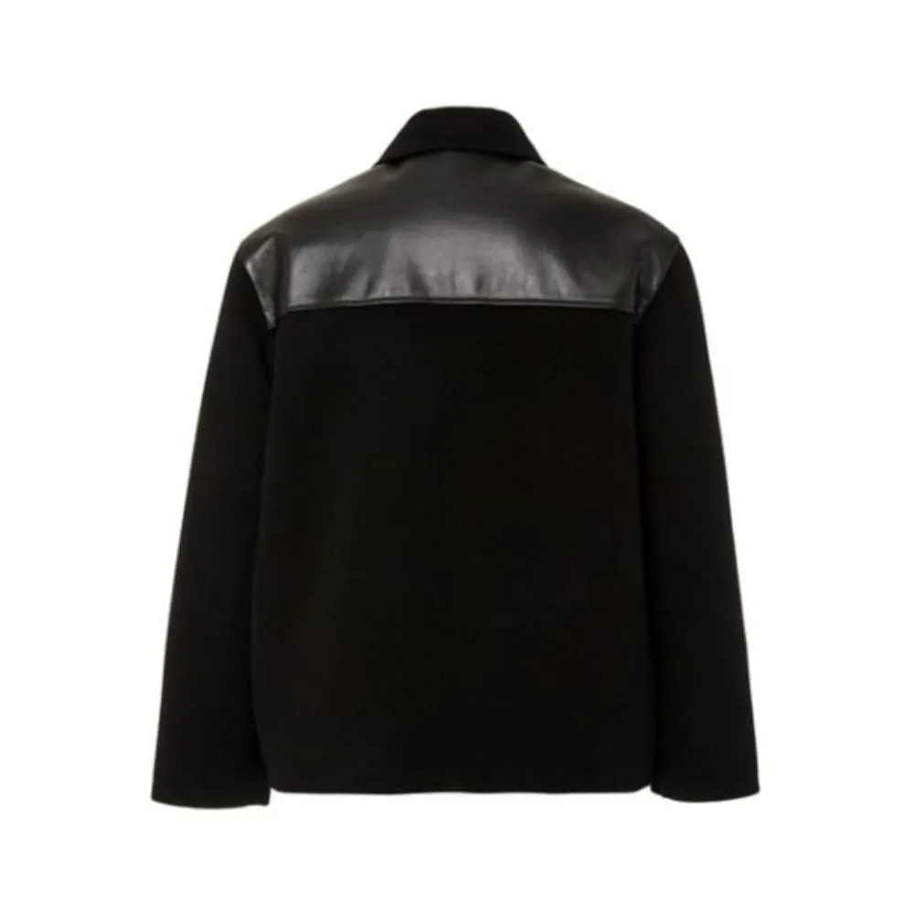 Men's Black Wool Leather Trimmed Jacket