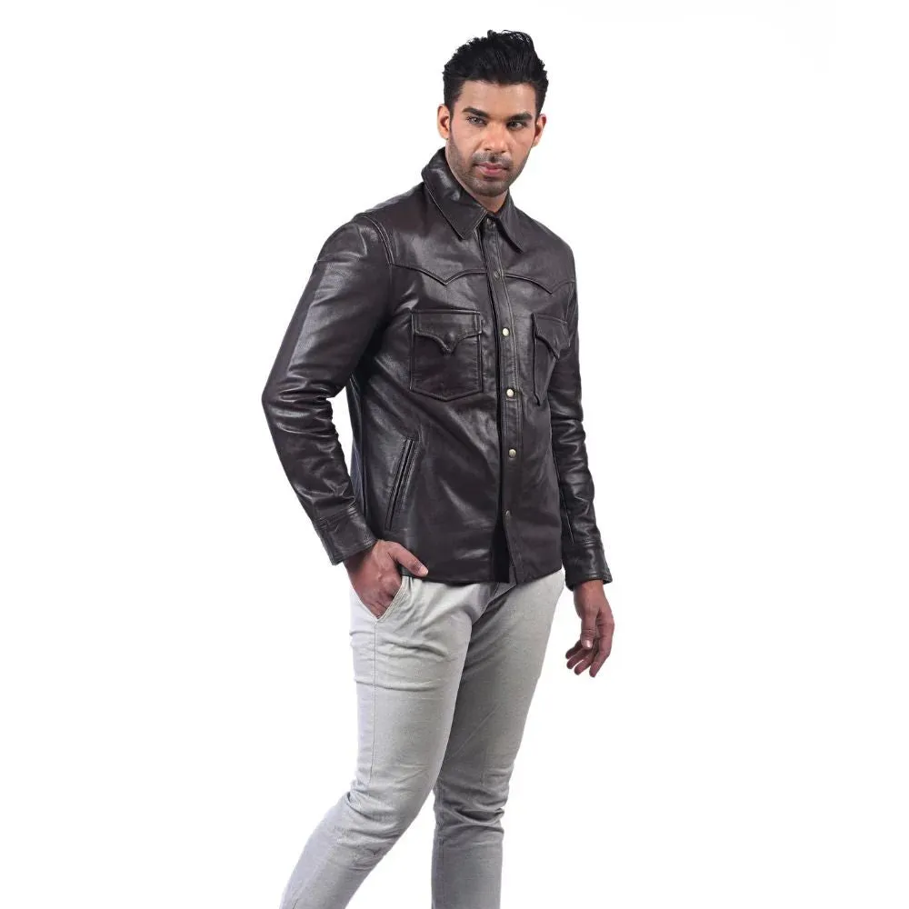Men's Dark Brown Leather Button-Up Jacket