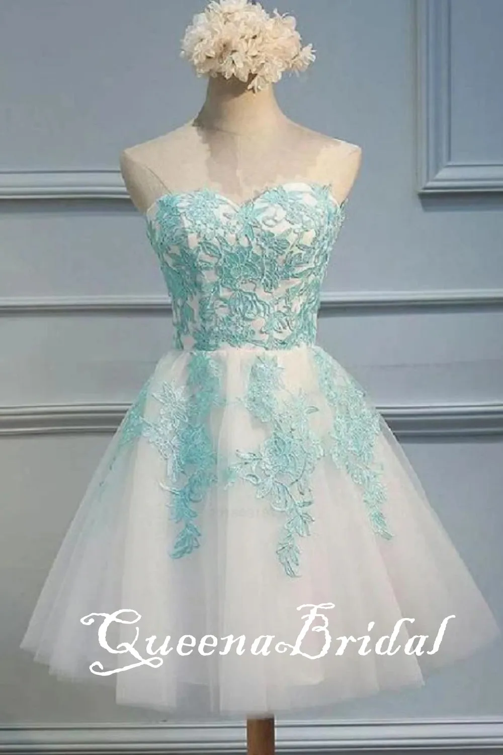 Mint Green Lace Appliques Sweetheart Strapless A-line Graduation Party Short Homecoming Dresses, QB0787