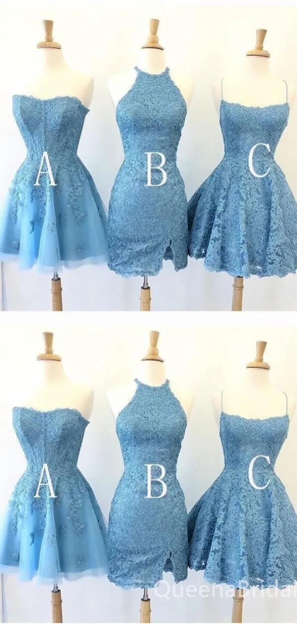Mismatched Blue Elegant Lace Appliques Graduation Party Homecoming Dresses,QB0668