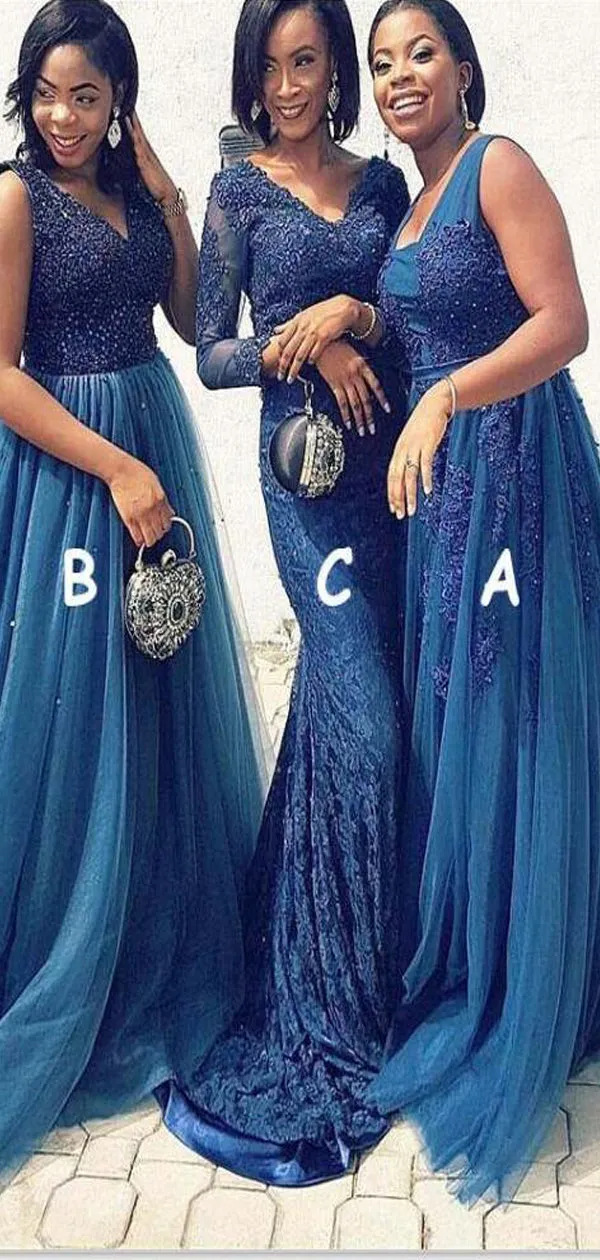 Mismatched Long Blue Elegant  Modest Bridesmaid Dresses with Appliques Beading ,WG392