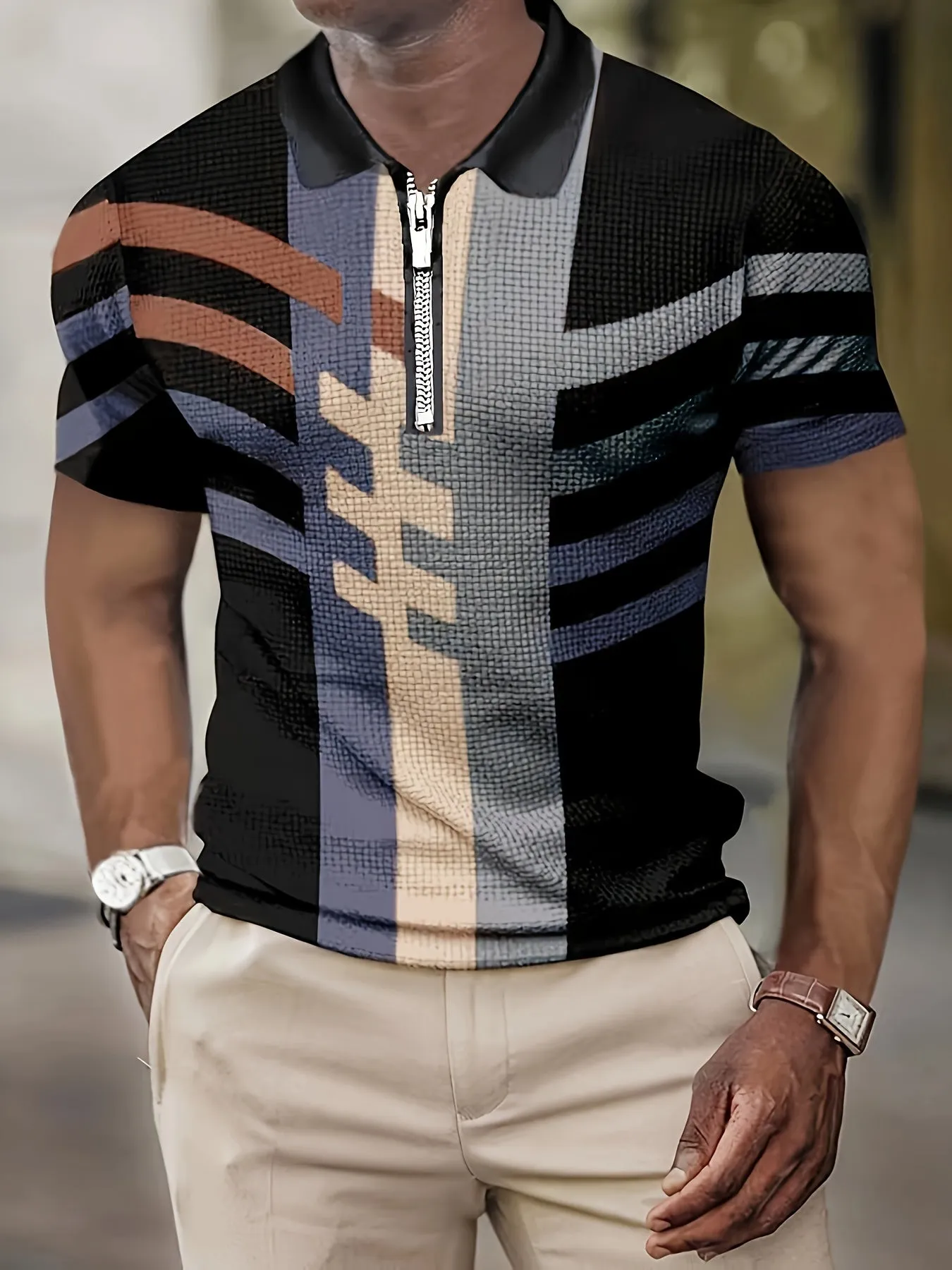 Modern Color-Blocked Men's Short Sleeve Shirt with Zipper