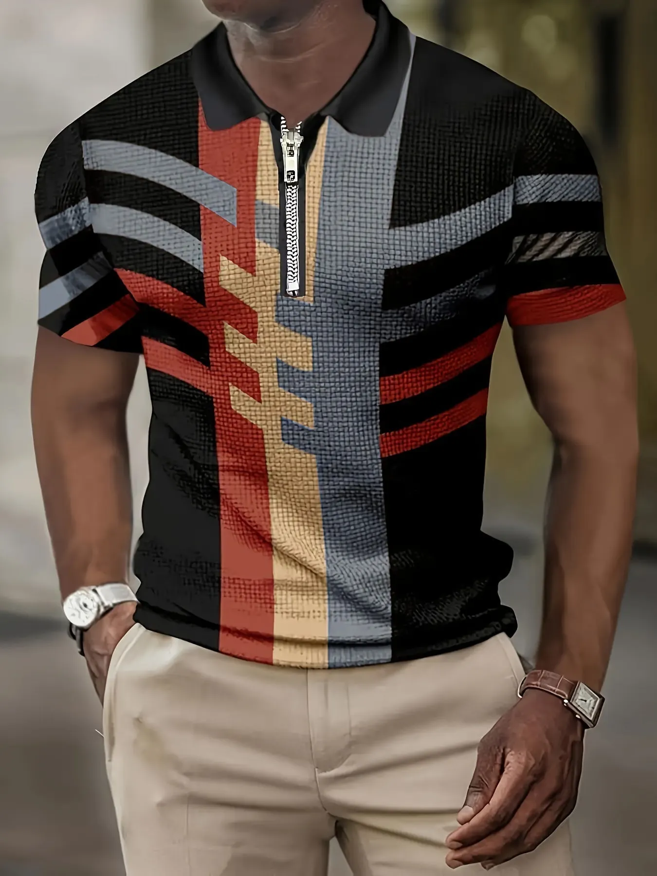 Modern Color-Blocked Men's Short Sleeve Shirt with Zipper