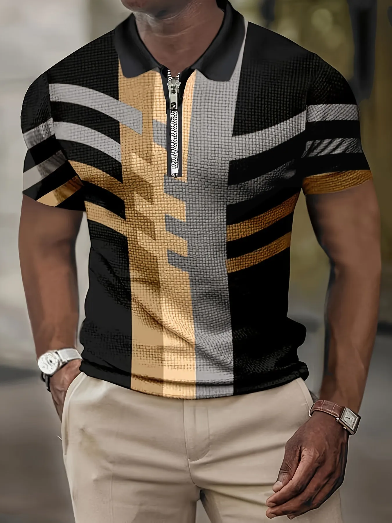 Modern Color-Blocked Men's Short Sleeve Shirt with Zipper