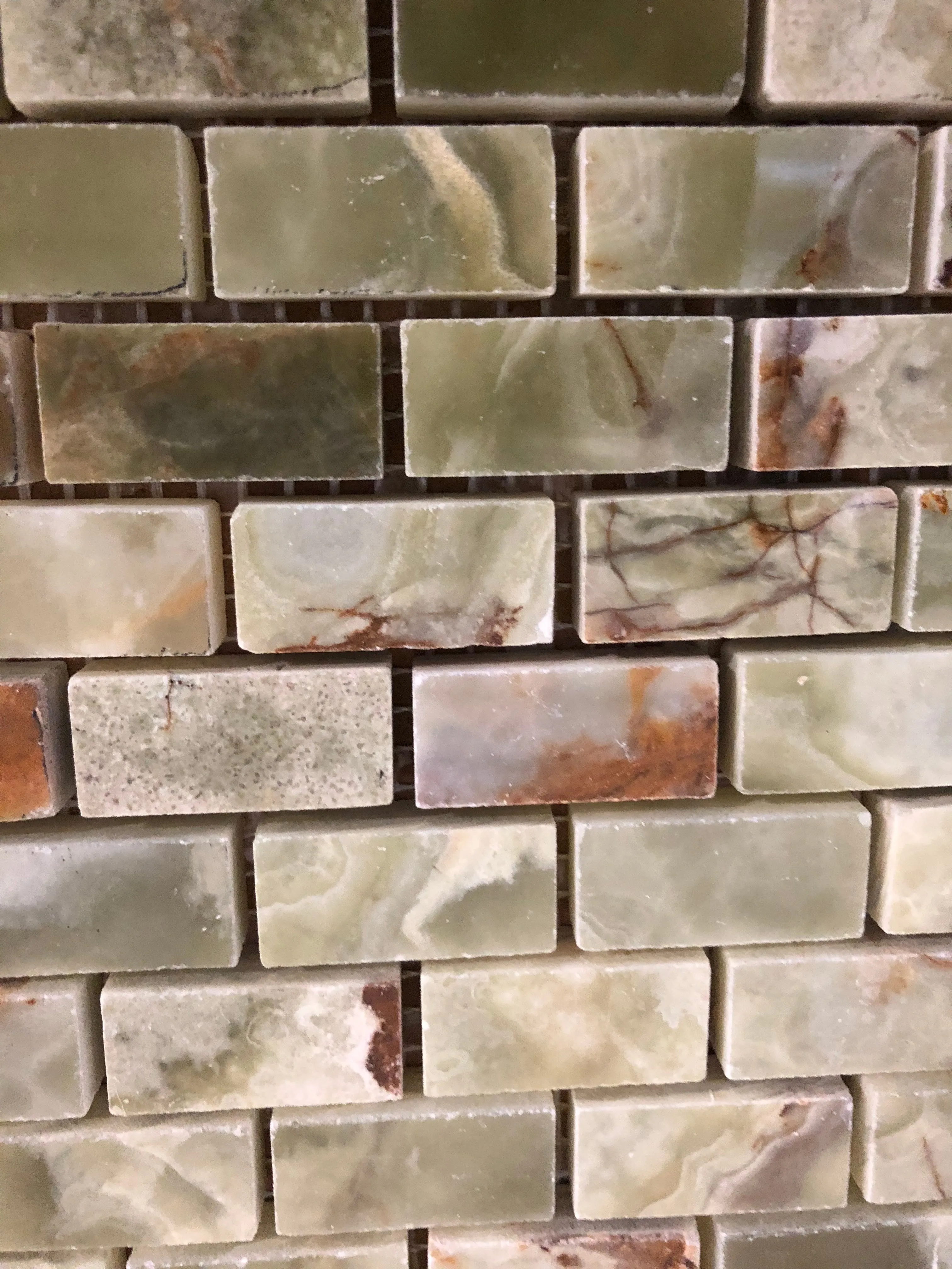 Multi Green Onyx Polished 5/8" X 1 1/8" Mini Brick Mosaic Tile on Mesh - 6" X 6" Sample
