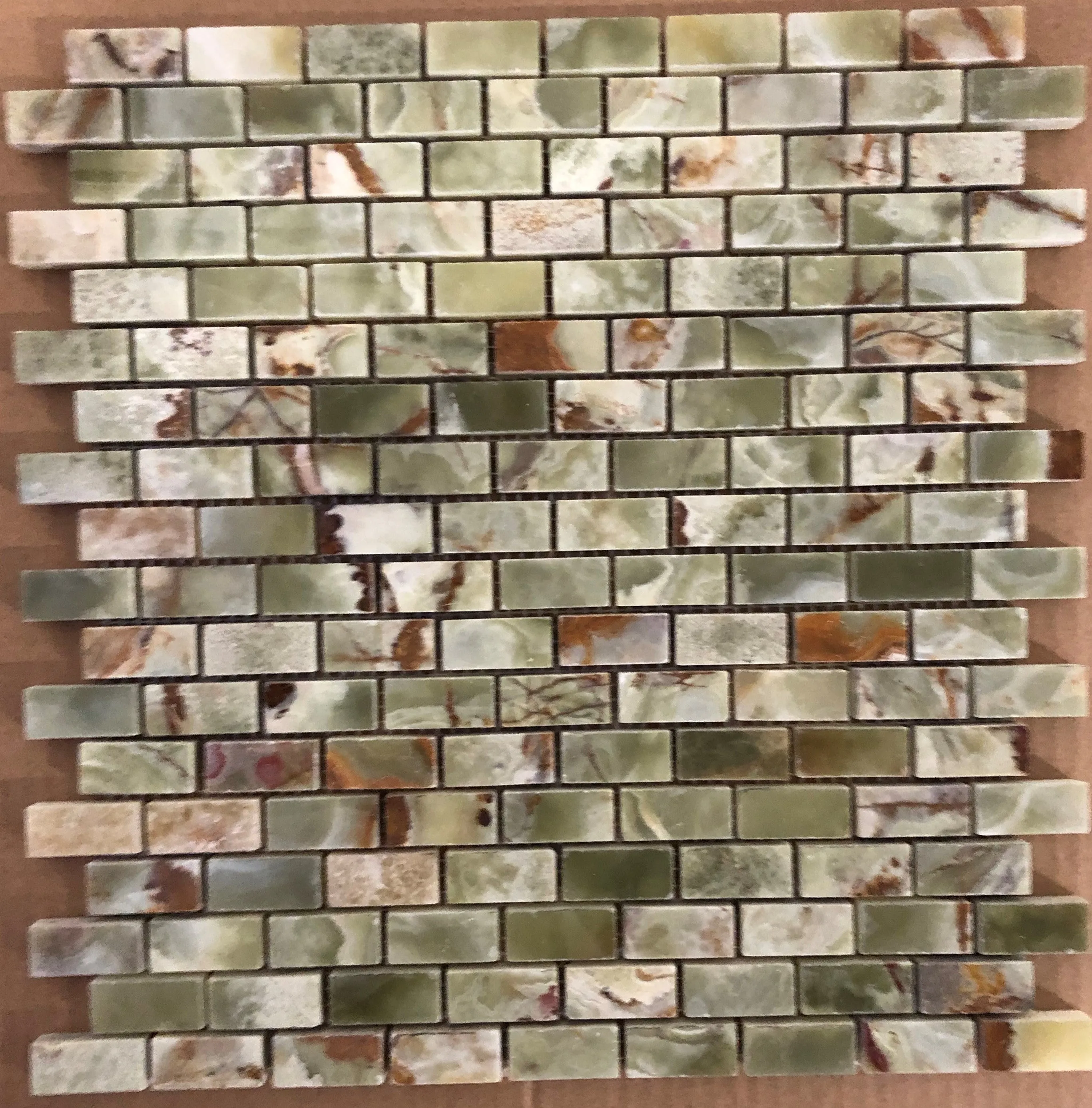 Multi Green Onyx Polished 5/8" X 1 1/8" Mini Brick Mosaic Tile on Mesh - 6" X 6" Sample