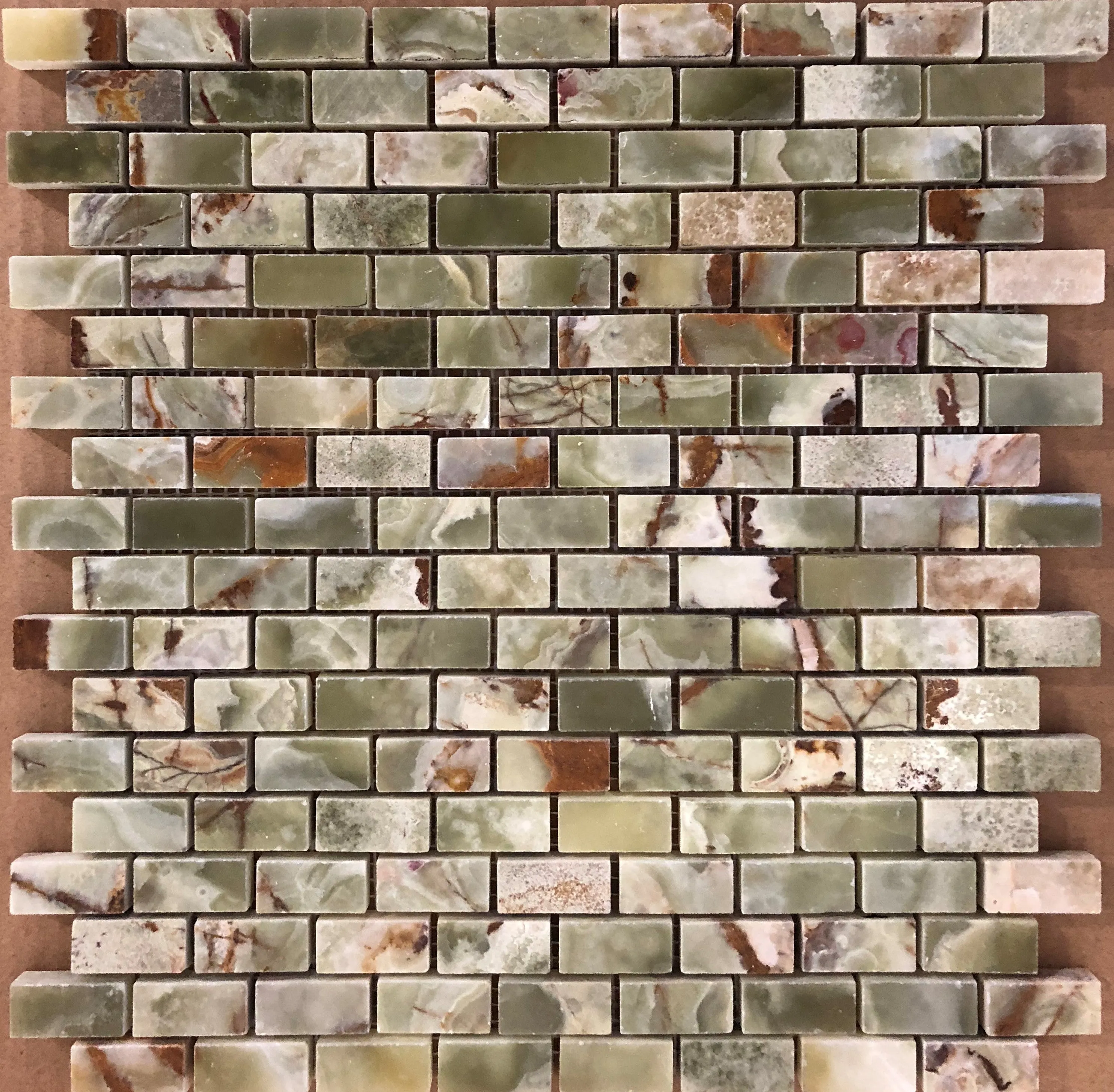 Multi Green Onyx Polished 5/8" X 1 1/8" Mini Brick Mosaic Tile on Mesh - 6" X 6" Sample