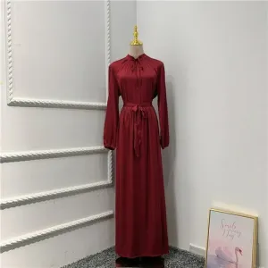 Muslim Long Dress Dubai Abaya Big Hem Women Elegant Solid Color Satin