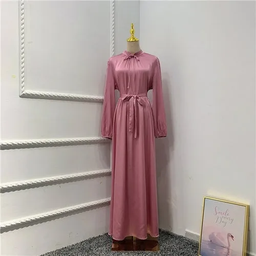 Muslim Long Dress Dubai Abaya Big Hem Women Elegant Solid Color Satin