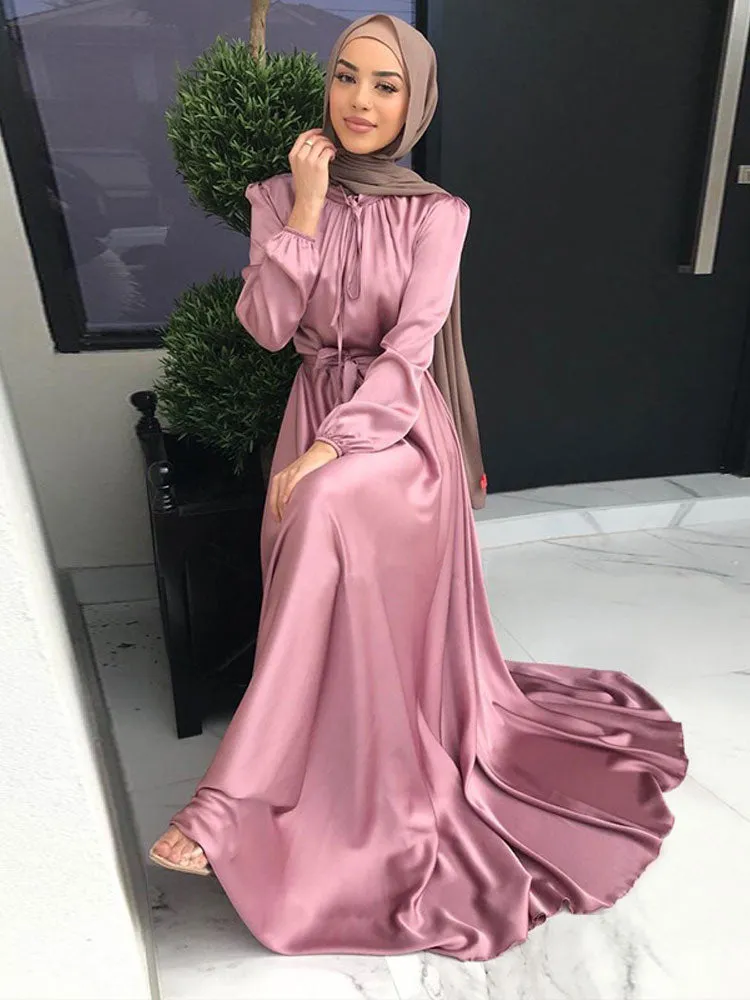 Muslim Long Dress Dubai Abaya Big Hem Women Elegant Solid Color Satin