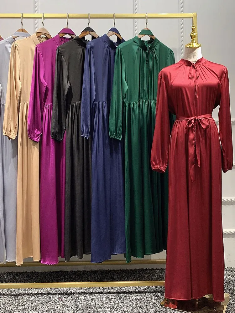 Muslim Long Dress Dubai Abaya Big Hem Women Elegant Solid Color Satin