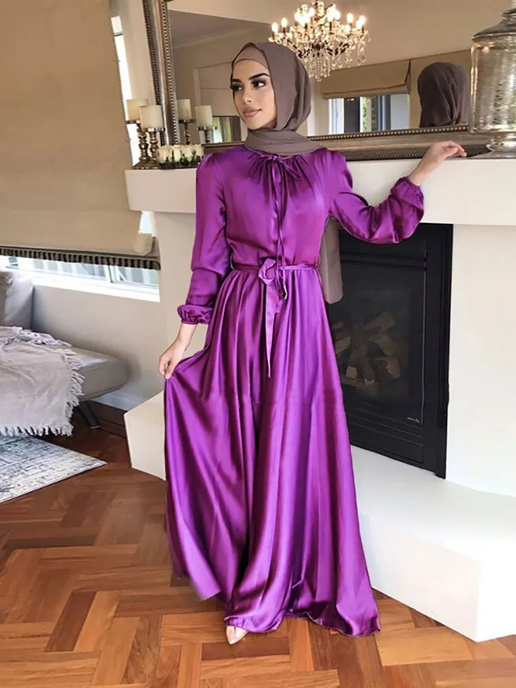 Muslim Long Dress Dubai Abaya Big Hem Women Elegant Solid Color Satin