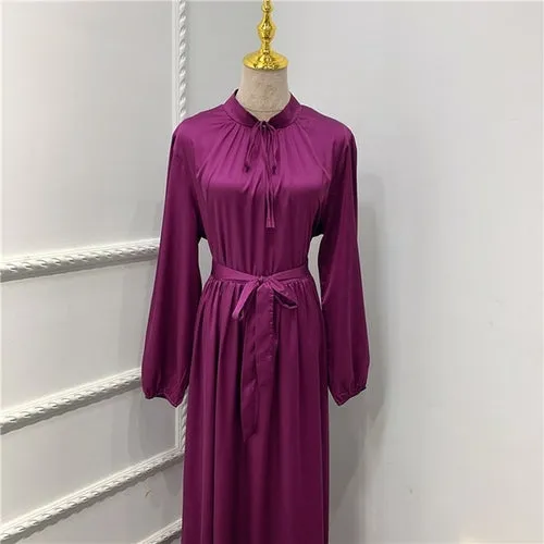 Muslim Long Dress Dubai Abaya Big Hem Women Elegant Solid Color Satin