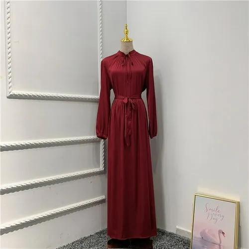 Muslim Long Dress Dubai Abaya Big Hem Women Elegant Solid Color Satin