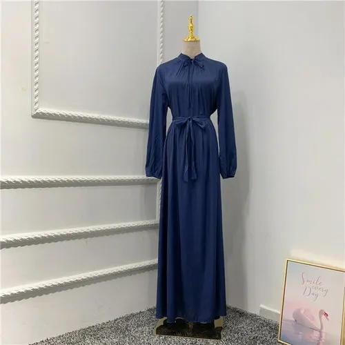 Muslim Long Dress Dubai Abaya Big Hem Women Elegant Solid Color Satin