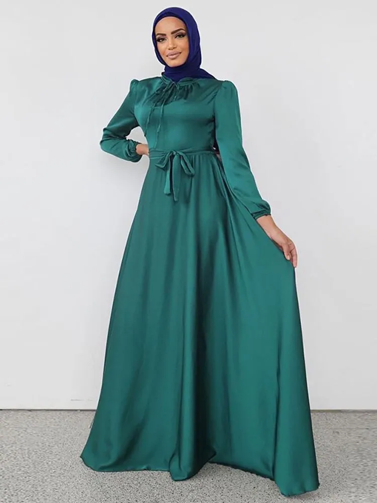 Muslim Long Dress Dubai Abaya Big Hem Women Elegant Solid Color Satin