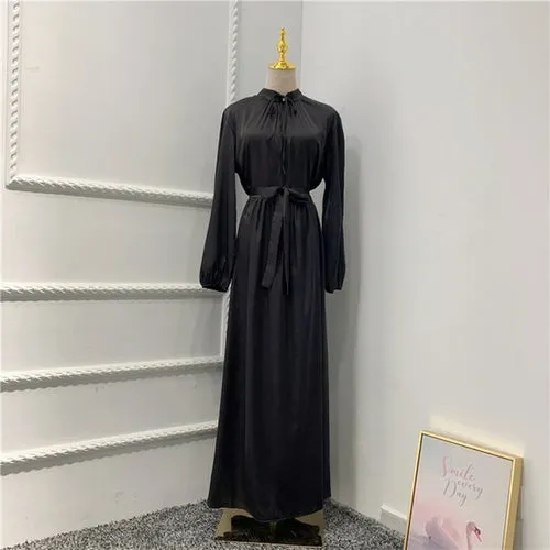 Muslim Long Dress Dubai Abaya Big Hem Women Elegant Solid Color Satin