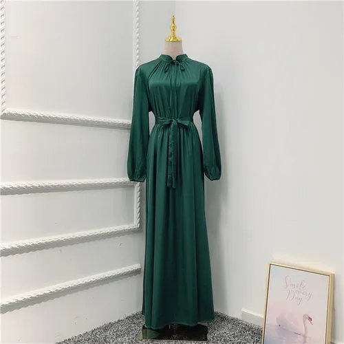 Muslim Long Dress Dubai Abaya Big Hem Women Elegant Solid Color Satin
