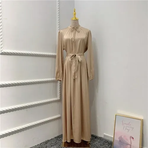 Muslim Long Dress Dubai Abaya Big Hem Women Elegant Solid Color Satin