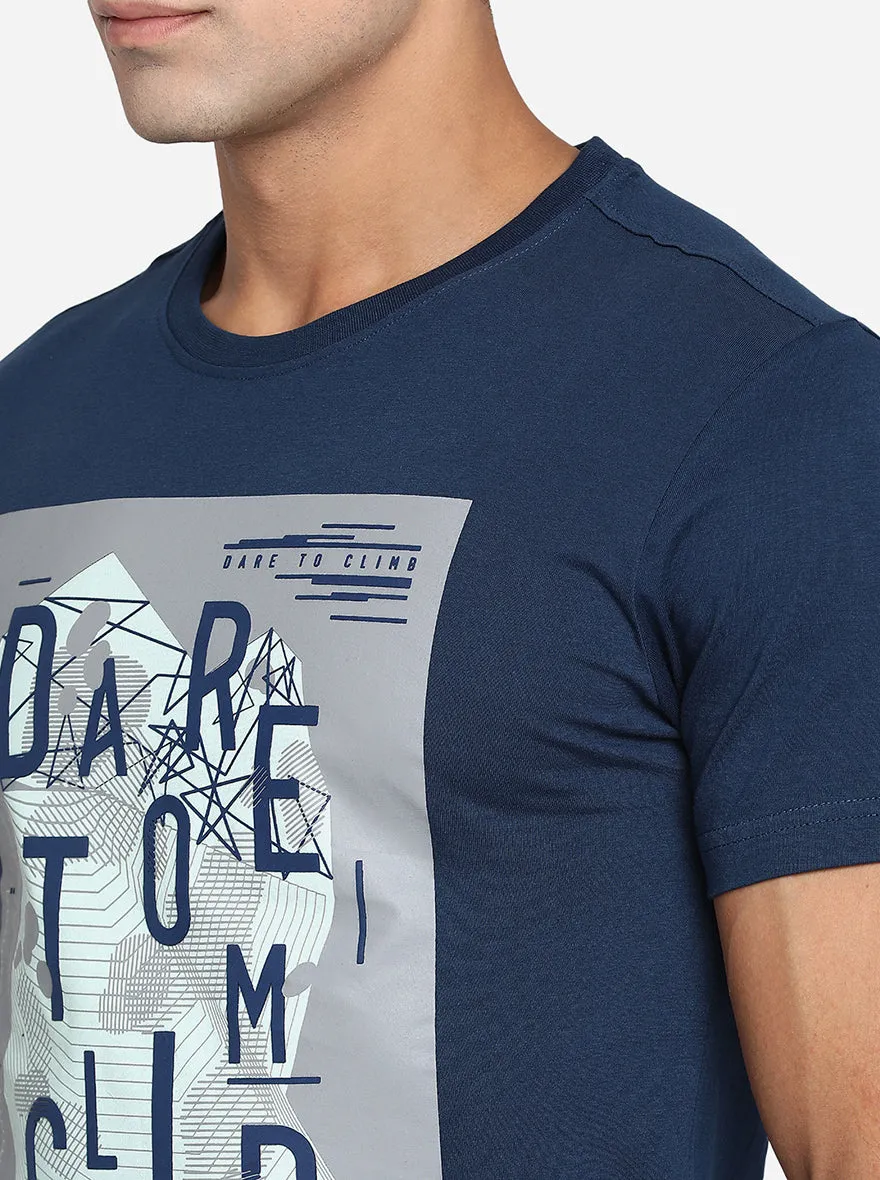 Navy Blue Printed Slim Fit T-Shirt | Greenfibre