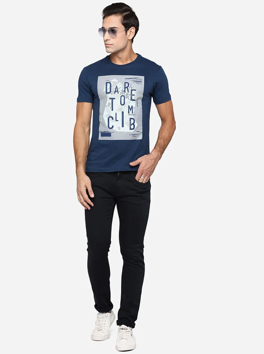 Navy Blue Printed Slim Fit T-Shirt | Greenfibre