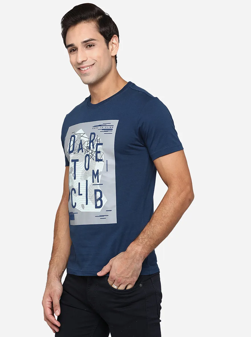 Navy Blue Printed Slim Fit T-Shirt | Greenfibre