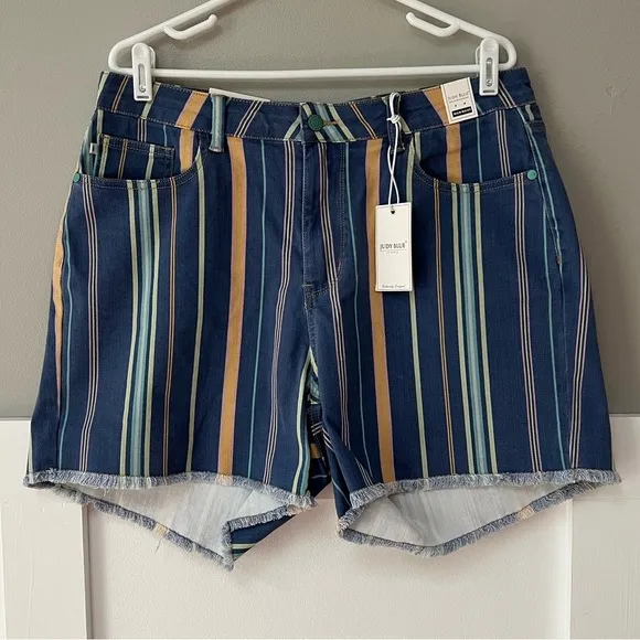 NWT Judy Blue Striped High-Rise Frayed Shorts