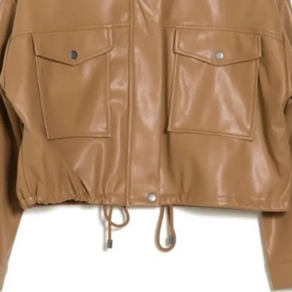 NWT T Tahari Faux Leather Bomber Jacket In Iced latte