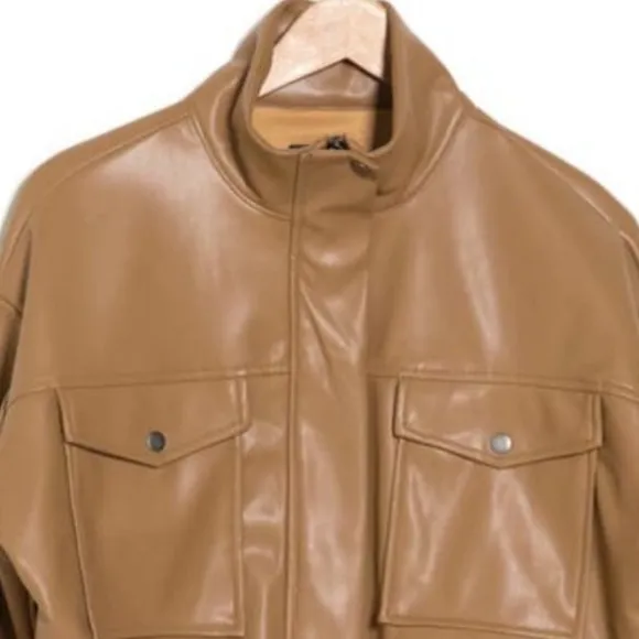 NWT T Tahari Faux Leather Bomber Jacket In Iced latte