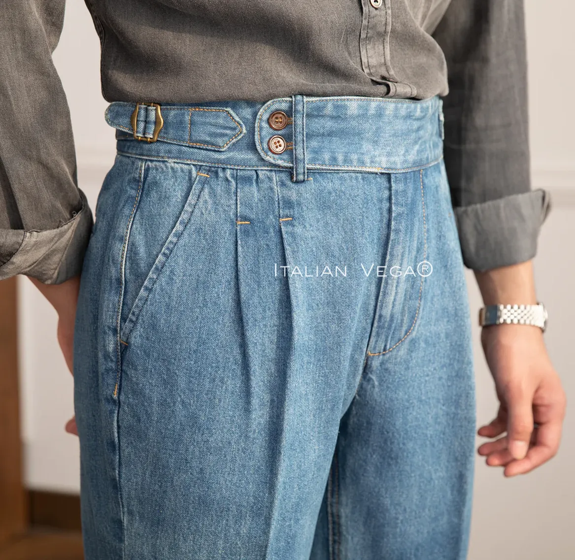 Old Money Black Shirt with Sky Blue Denim Signature Buttoned Gurkha Pant by ITALIAN VEGA®