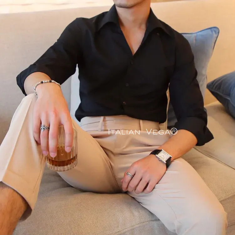 Old Money Black Shirt with Sky Blue Denim Signature Buttoned Gurkha Pant by ITALIAN VEGA®
