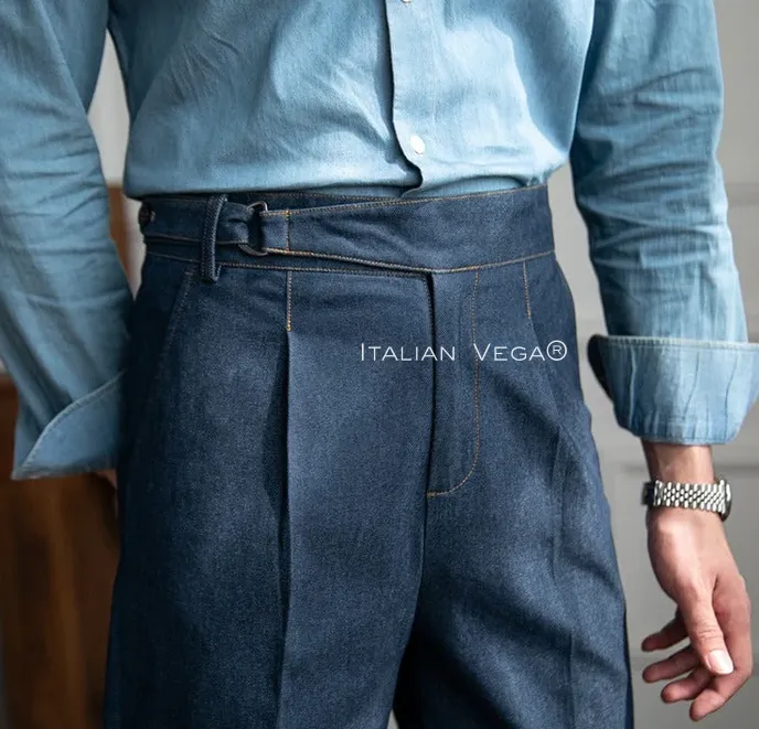 Old Money Crepe Stripe Shirt with Blue Veteran Denim Gurkha Pant by ITALIAN VEGA®