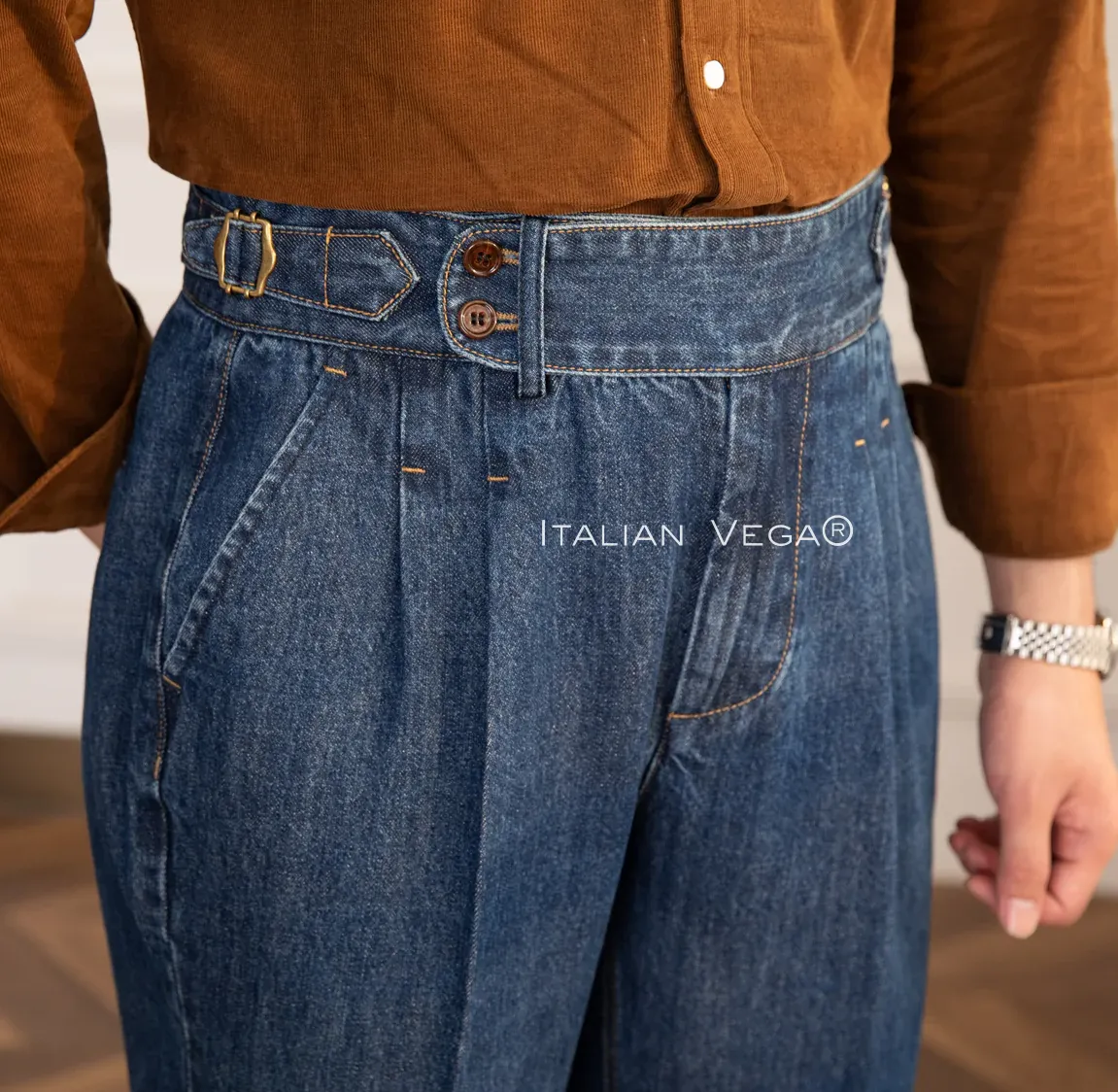 Old Money Crepe Stripe Shirt with Dark Blue Denim Signature Buttoned Gurkha Pant by ITALIAN VEGA®