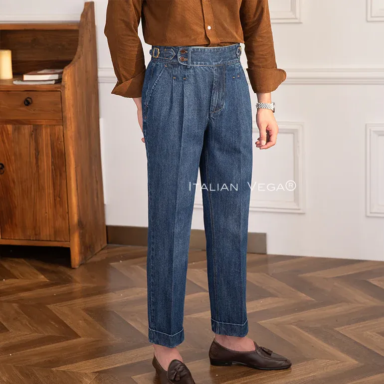 Old Money Crepe Stripe Shirt with Dark Blue Denim Signature Buttoned Gurkha Pant by ITALIAN VEGA®