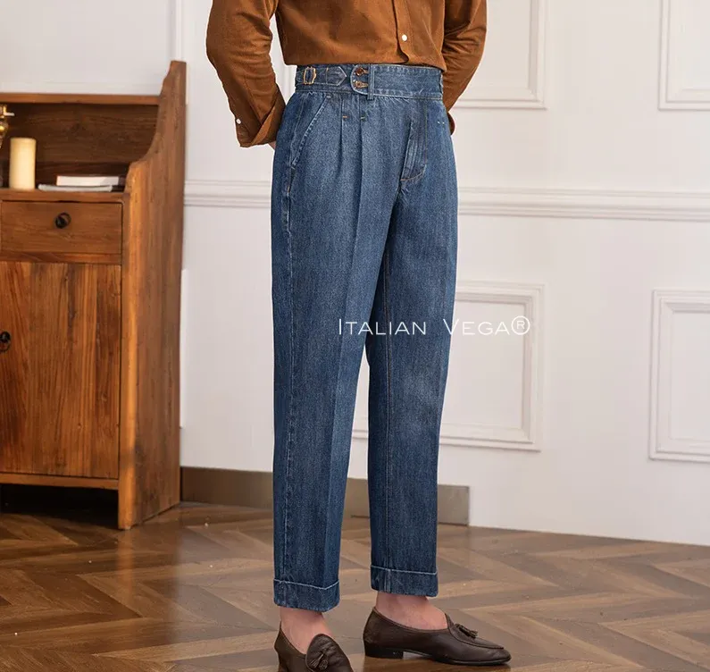 Old Money Crepe Stripe Shirt with Dark Blue Denim Signature Buttoned Gurkha Pant by ITALIAN VEGA®