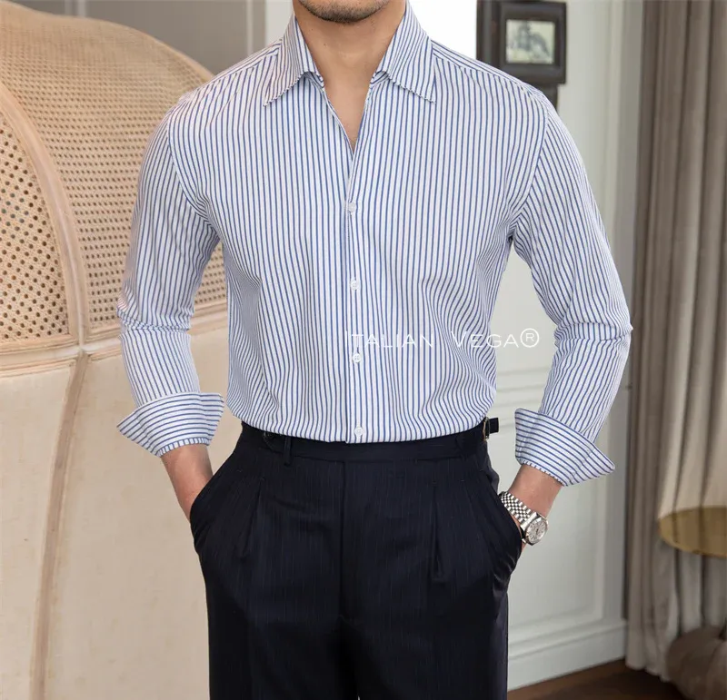 Old Money Navy Stripe Shirt with Grey Herringbone Signature Buttoned Gurkha Pant by ITALIAN VEGA®