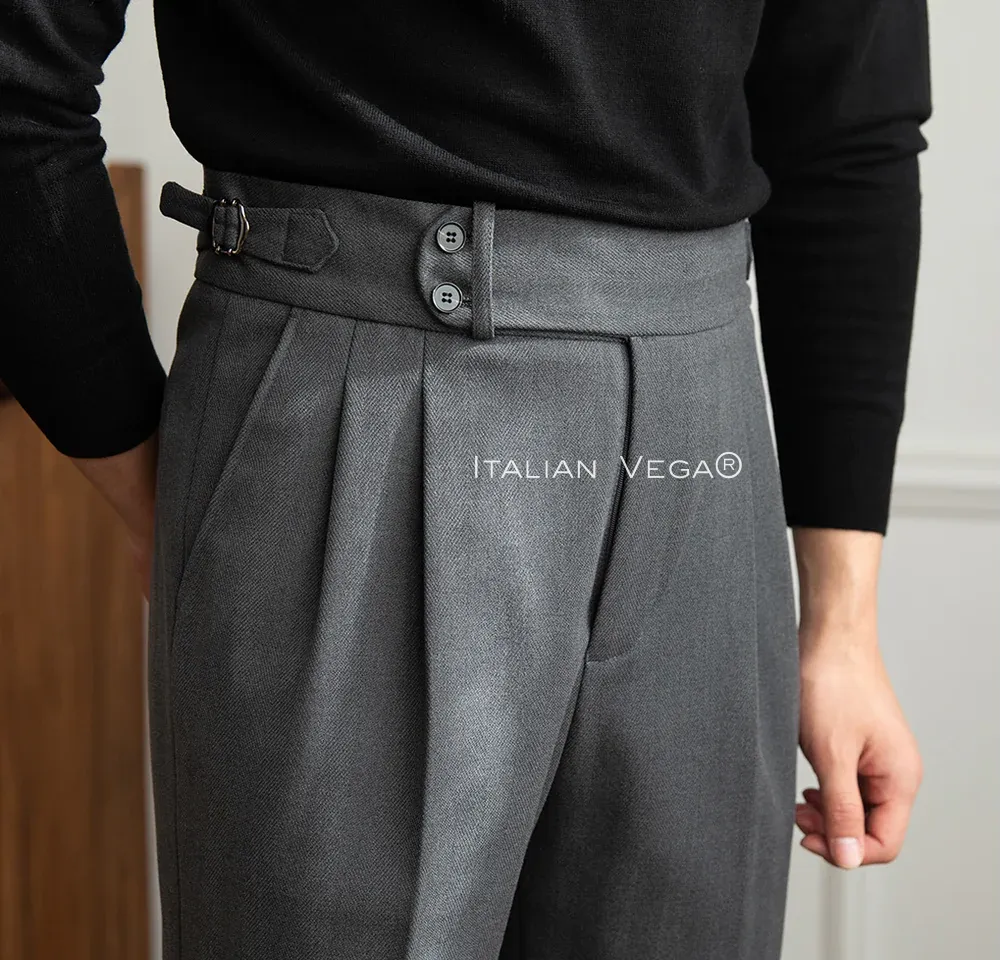 Old Money Navy Stripe Shirt with Grey Herringbone Signature Buttoned Gurkha Pant by ITALIAN VEGA®