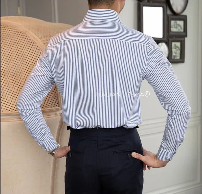 Old Money Navy Stripe Shirt with Grey Herringbone Signature Buttoned Gurkha Pant by ITALIAN VEGA®
