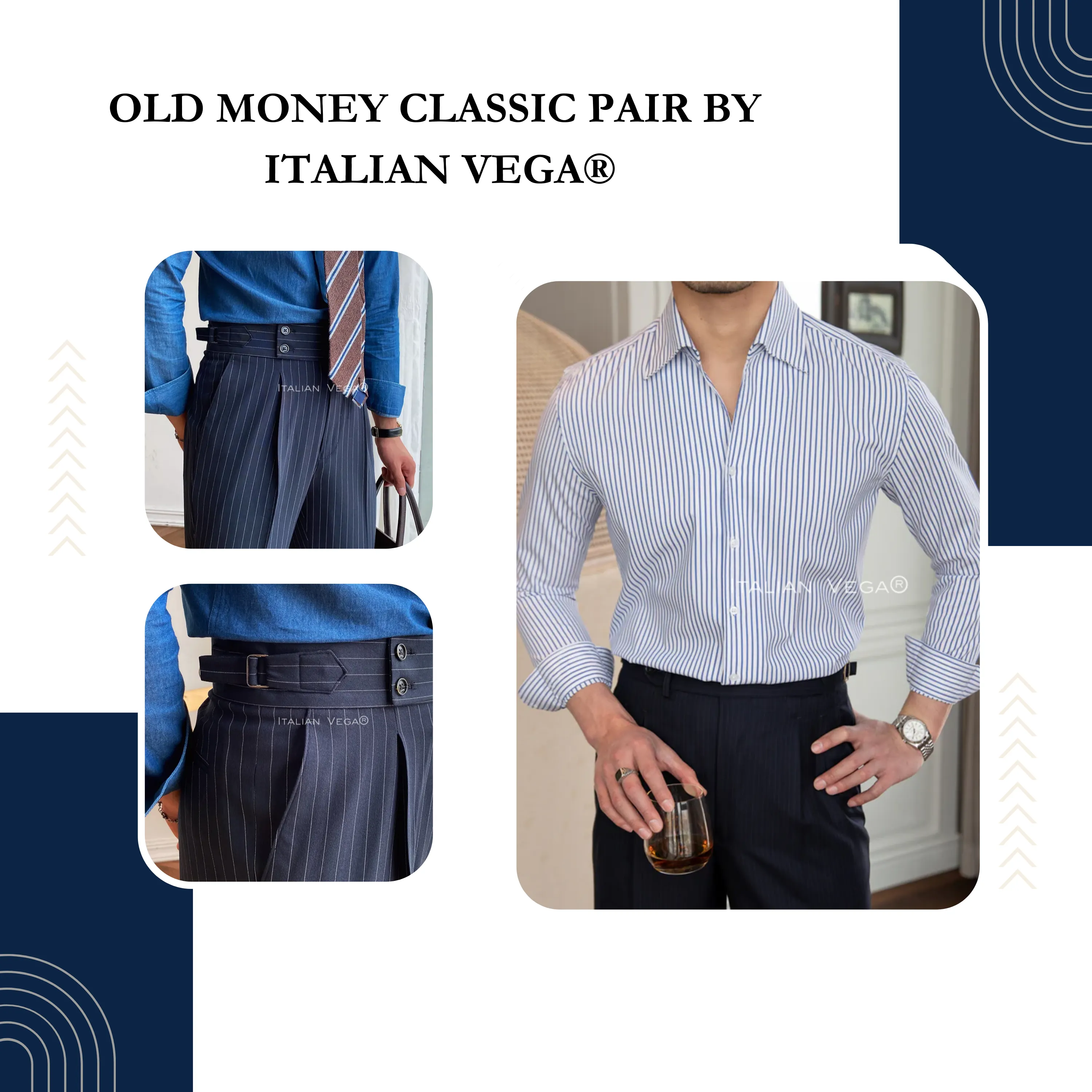 Old Money Navy Stripe Shirt with Navy Stripe Signature Buttoned Gurkha Pant by ITALIAN VEGA®