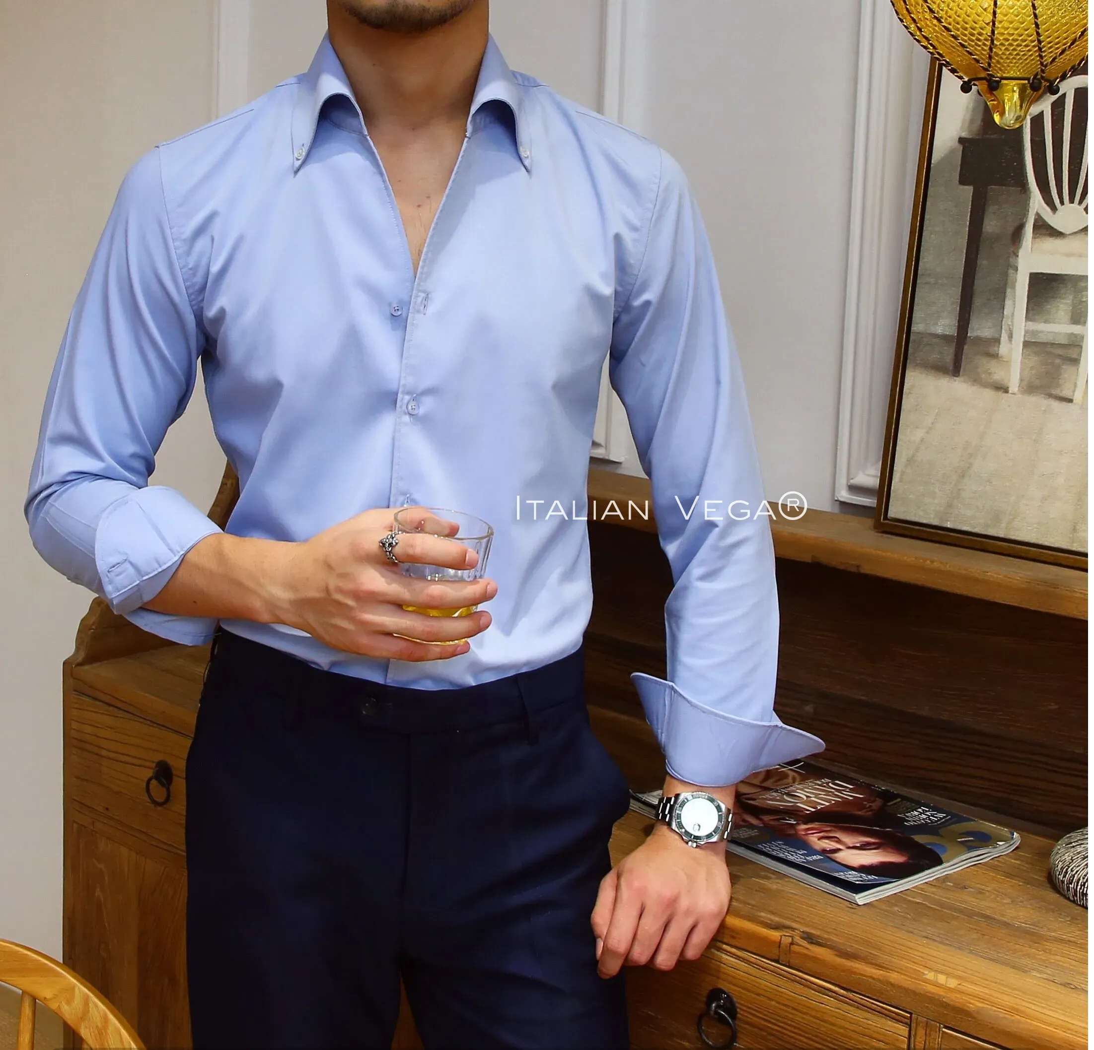 Old Money Powder Blue Shirt with Ash Grey Signature Buttoned Gurkha Pant by ITALIAN VEGA®
