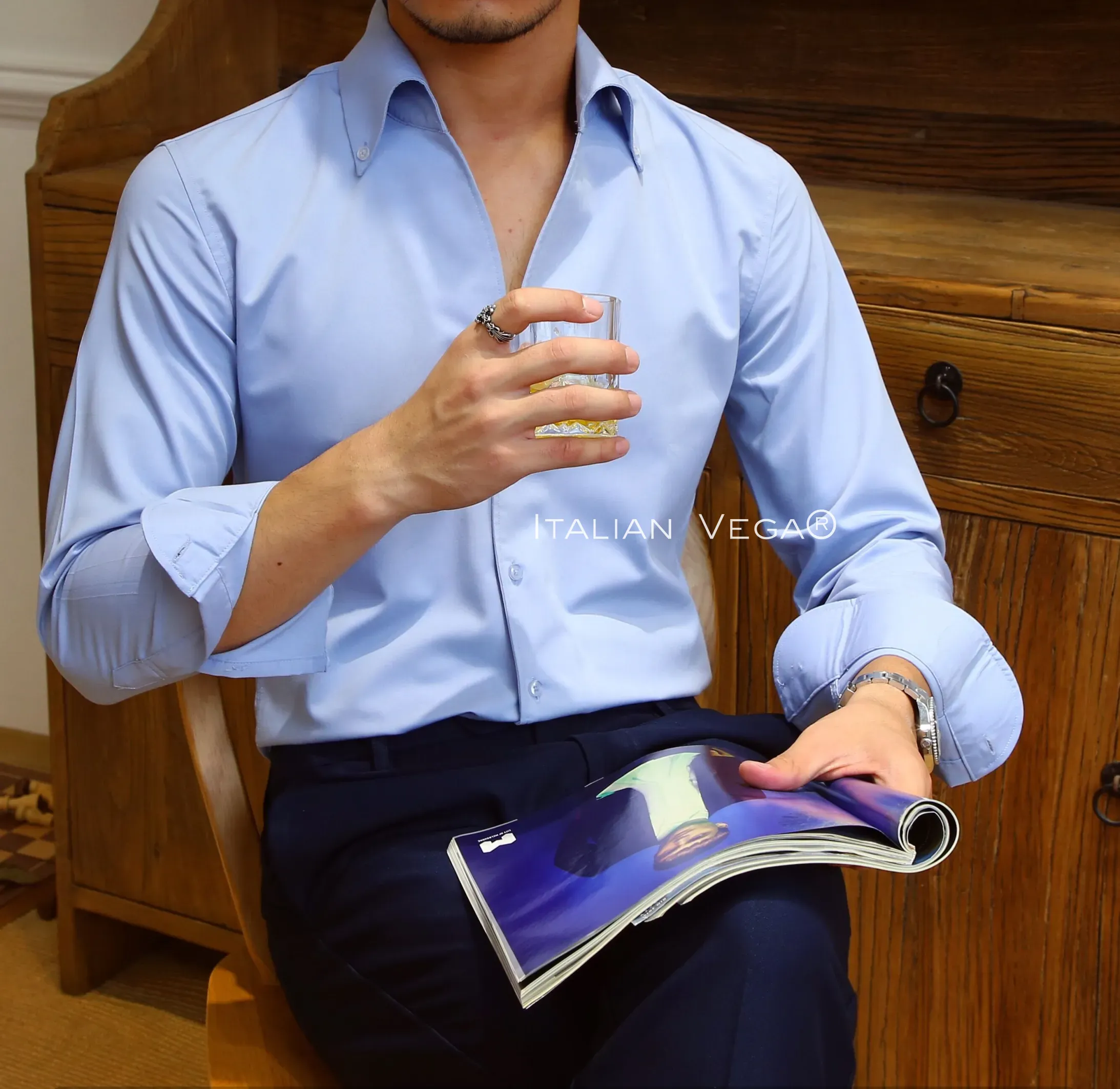 Old Money Powder Blue Shirt with Elephant Grey Signature Buttoned Gurkha Pant by ITALIAN VEGA®
