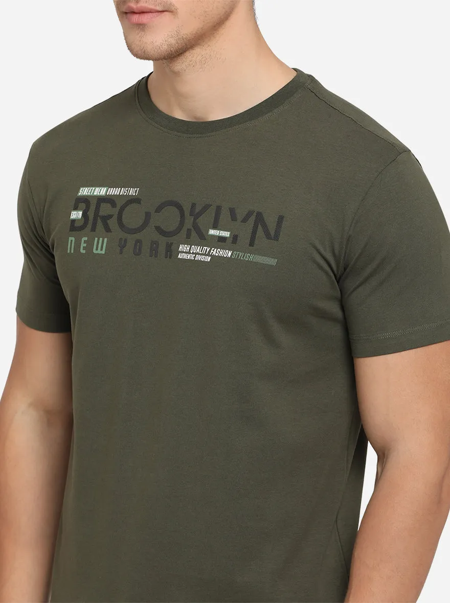 Olive Green Printed Slim Fit T-Shirt | JadeBlue
