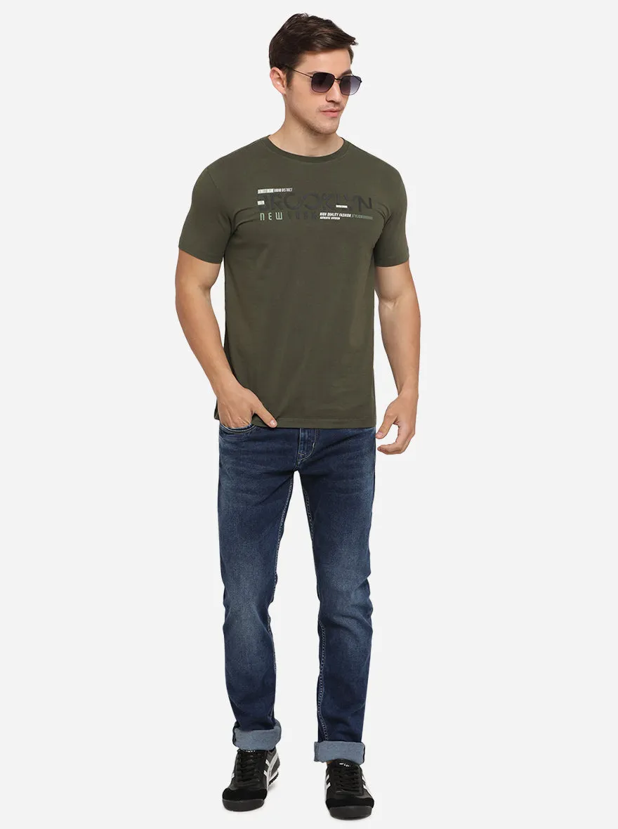Olive Green Printed Slim Fit T-Shirt | JadeBlue
