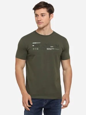 Olive Green Printed Slim Fit T-Shirt | JadeBlue